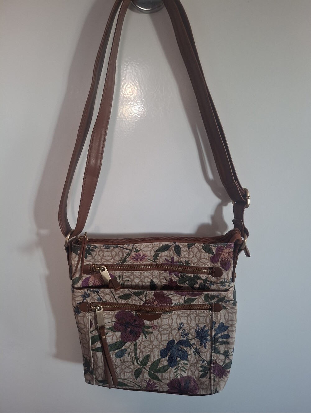 Source Unknown Floral Crossbody Bag in Cream with Brown Trim and Purple Accents